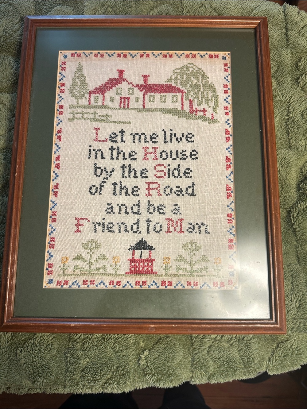 Framed Cross Stitch Sampler with House Motif